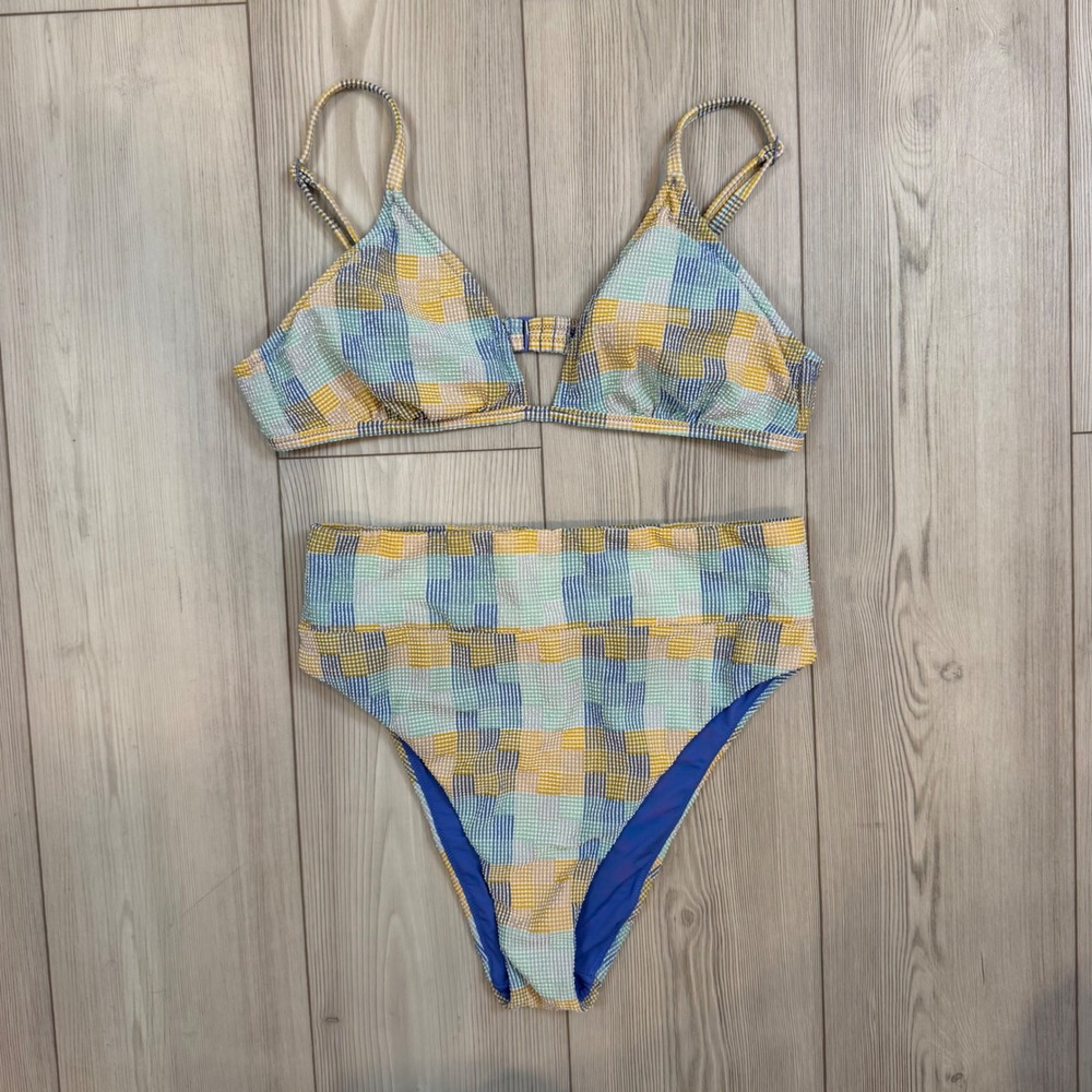 Aerie Real Good Plaid Patchwork Bikini Set Blue Yellow High Cut Cheeky Large XL
